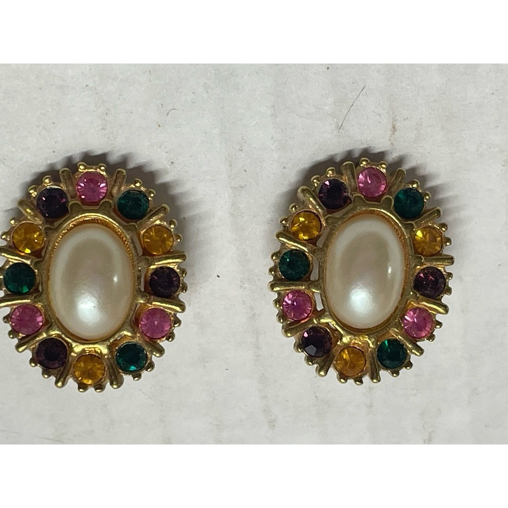 Vintage Avon Faux Pearl & Multicolor Stone Pierced Earrings EUC